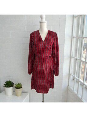 OLD NAVY Red Plaid Wrap Holiday Dress Size Medium Tall